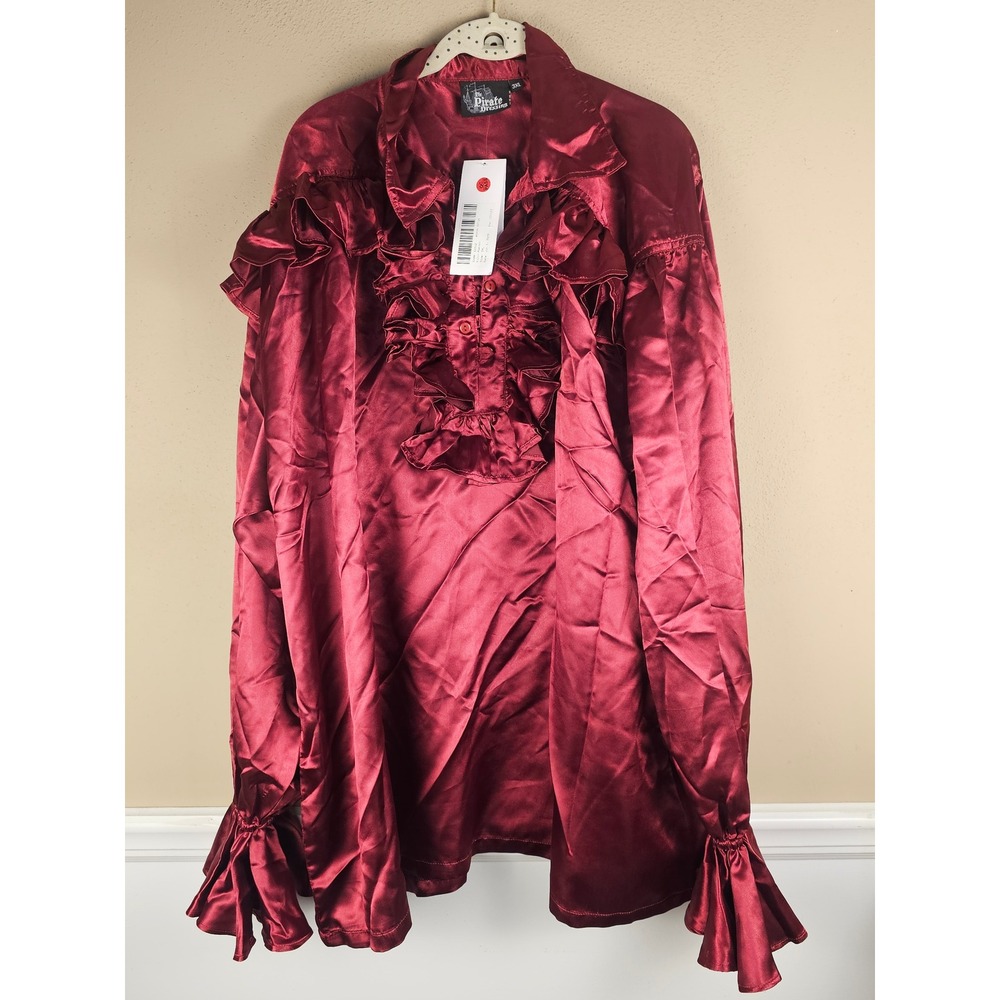 NWT The Pirate Dressing Maroon Rayon Satin Long Sleeve Ruffle Costume Shirt 3XL